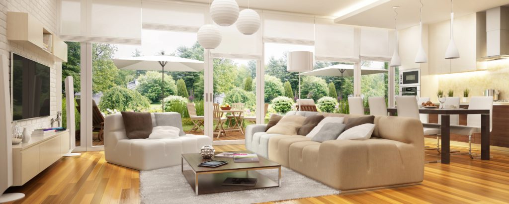 Modern kitchen and living room with access to the terrace